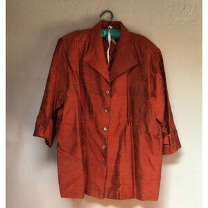 Harper Greer Womens Button Down Textured Silk Shirt Medium Orange 3/4 Sleeve